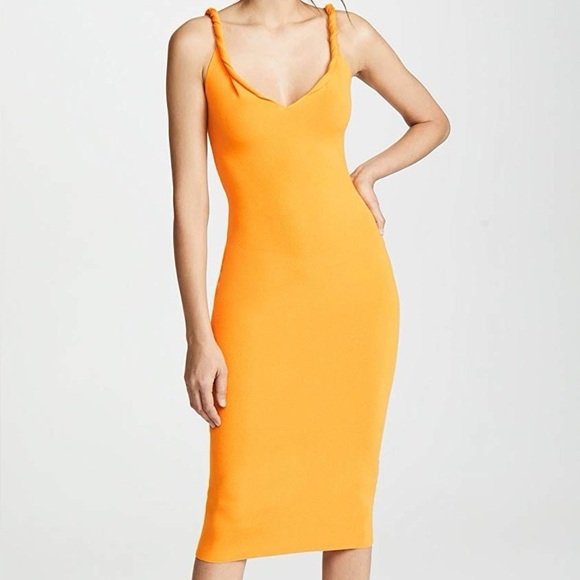 NEW DION LEE OFF-the-shoulder Dress Twist Ribbed Knit MIDI Length Yellow Orange - Picture 1 of 10